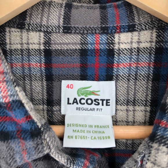 Lacoste Mens Flannel Shirt Size Medium Plaid Button Up Long Sleeve Blue Gray - Picture 4 of 14